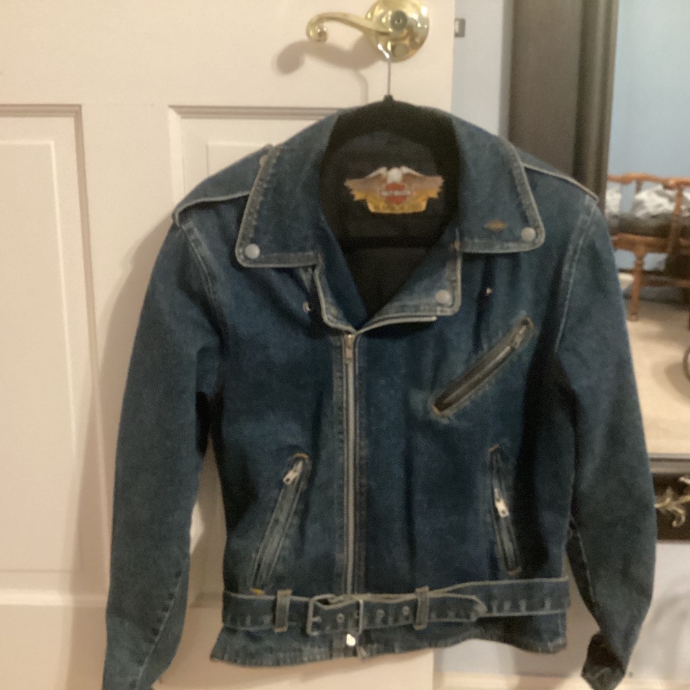 Vintage Harley denim and leather motorcycle jacket with original 1993 MDA ride p
